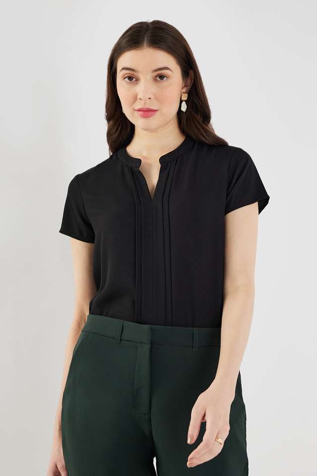 Solid-Polyester-V-Neck-Women-s-Top