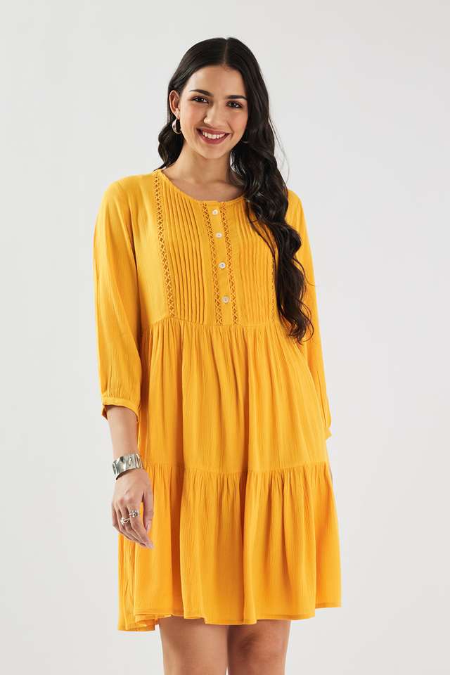 Solid-Blended-Fabric-Round-Neck-Women-s-Knee-Length-Dress
