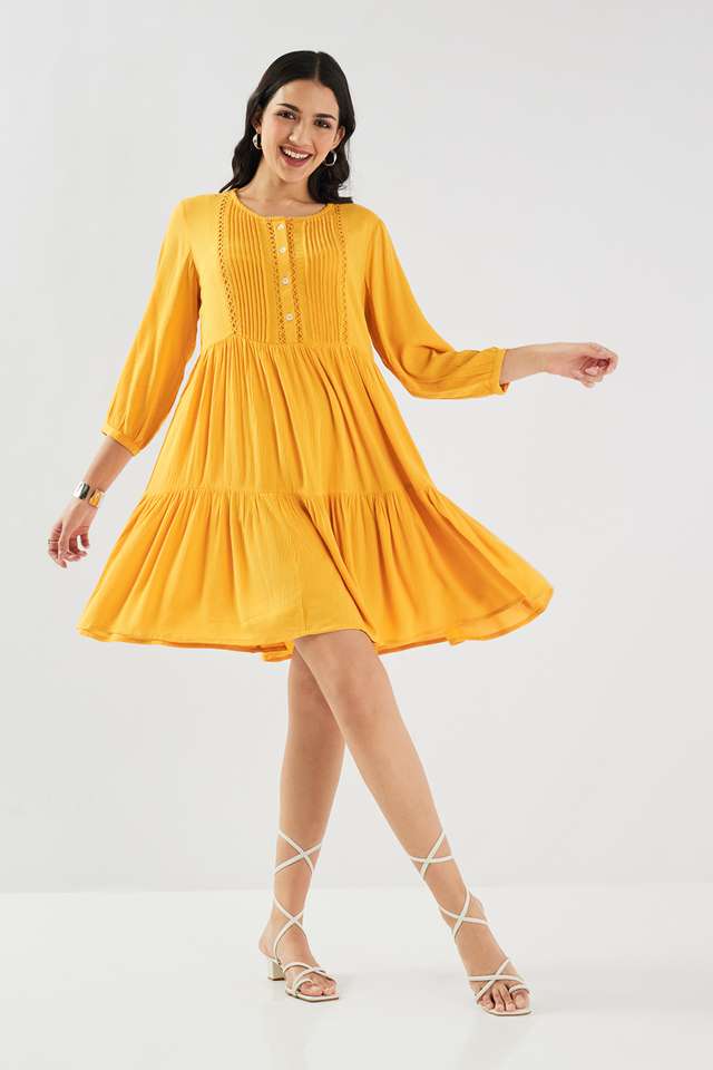 Solid-Blended-Fabric-Round-Neck-Women-s-Knee-Length-Dress