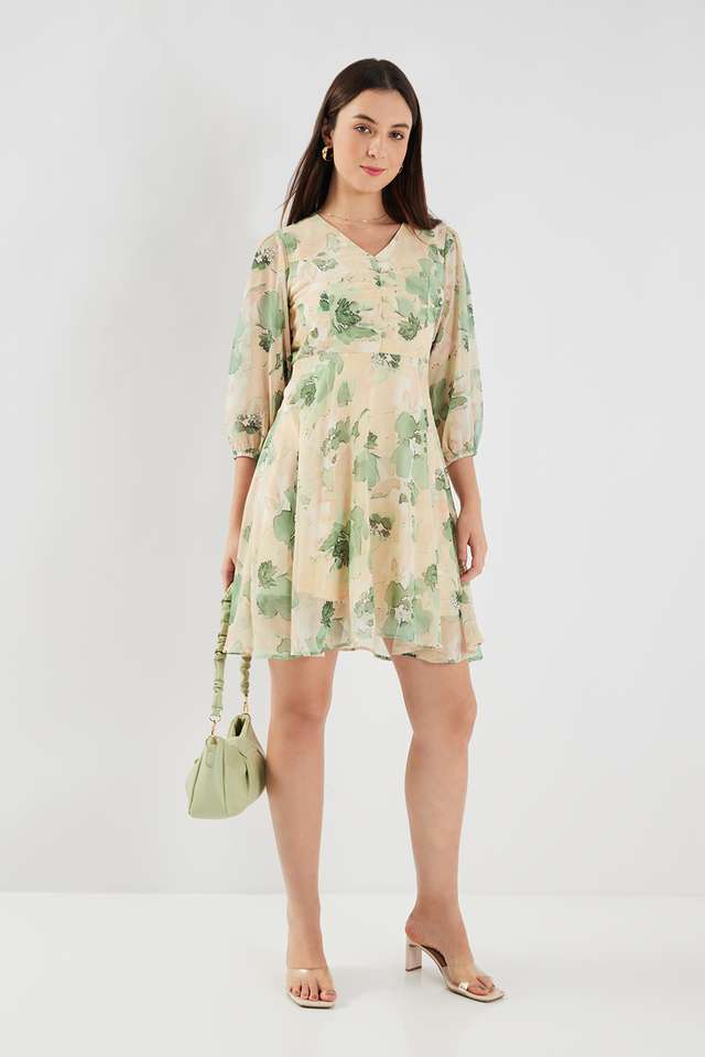 Floral-V-Neck-Chiffon-Women-s-Knee-Length-Dress