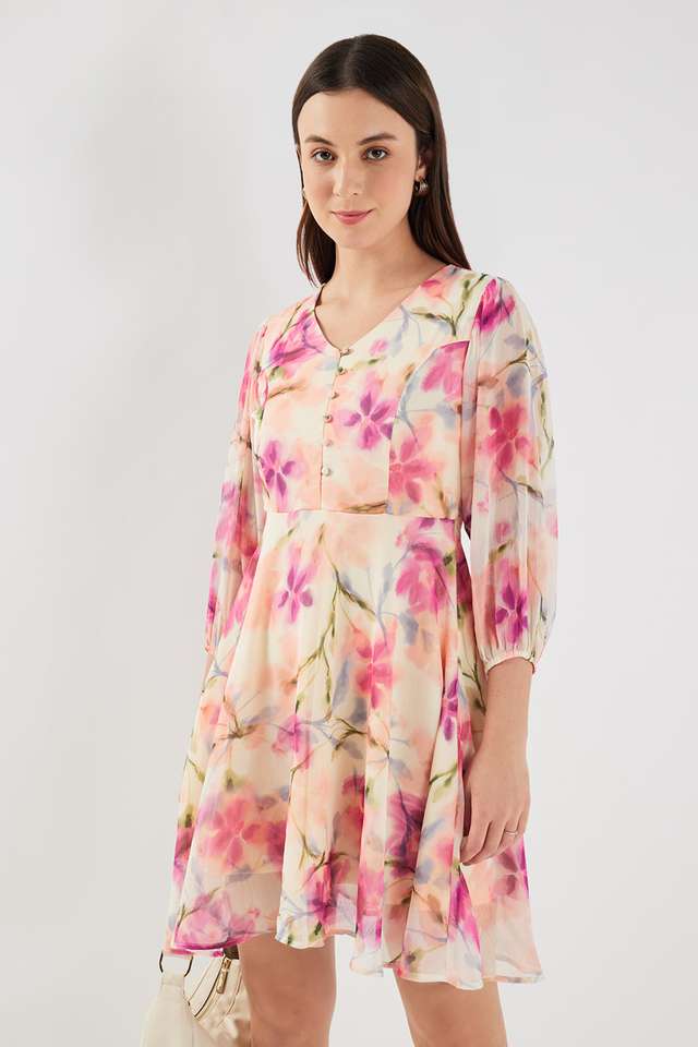 Printed-Polyester-V-Neck-Women-s-A-Line-Dress