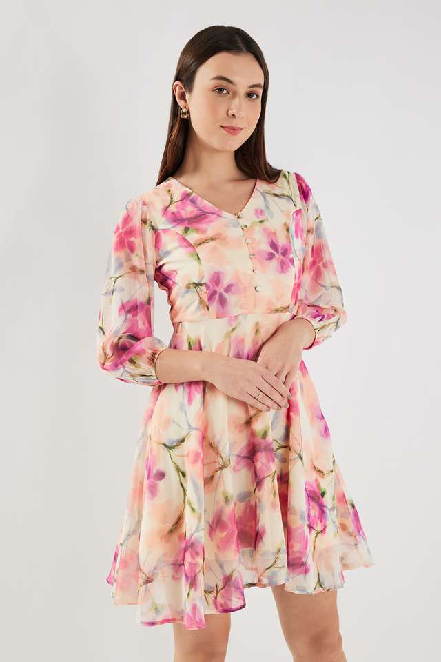 Printed-Polyester-V-Neck-Women-s-A-Line-Dress