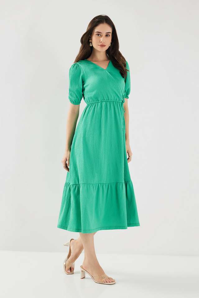 Solid-V-Neck-Blended-Fabric-Women-s-Calf-Length-Dress