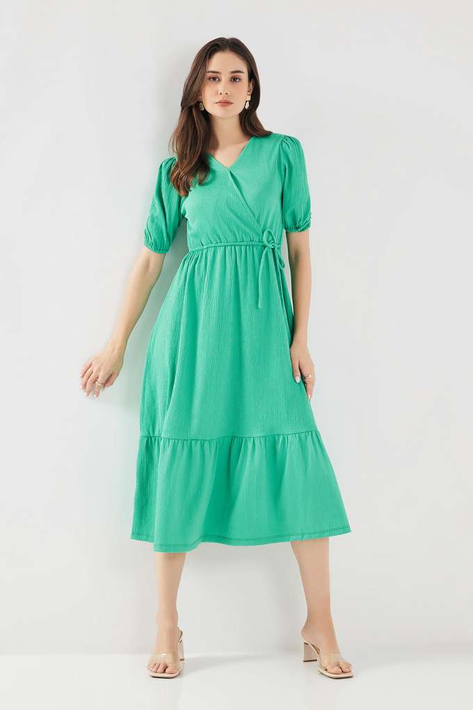 Solid-V-Neck-Blended-Fabric-Women-s-Calf-Length-Dress