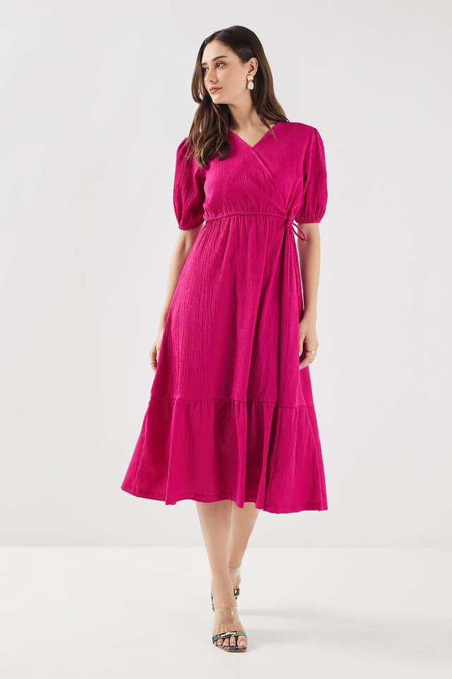 Solid-V-Neck-Blended-Fabric-Women-s-Calf-Length-Dress