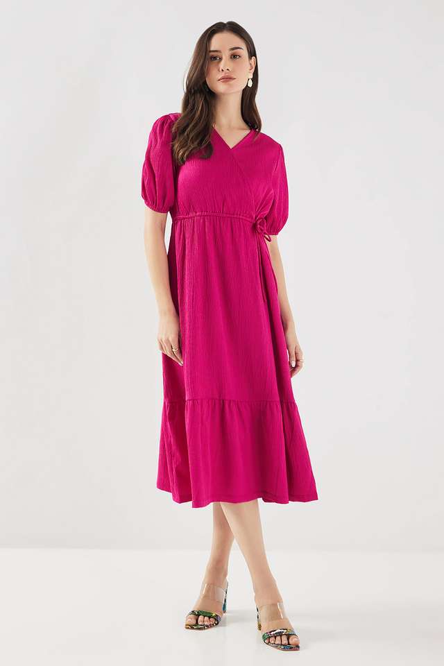 Solid-V-Neck-Blended-Fabric-Women-s-Calf-Length-Dress