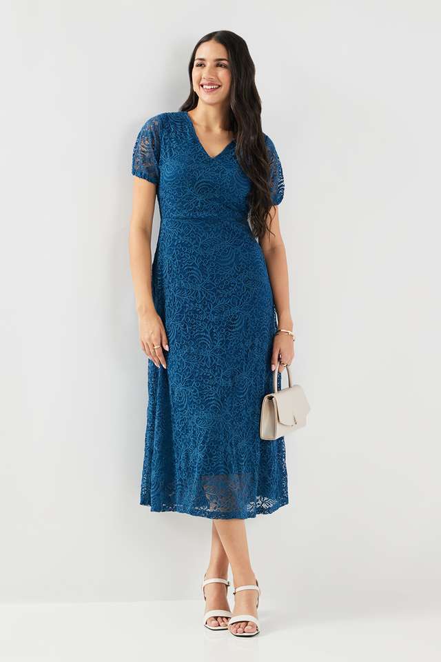 Solid-Round-Neck-Blended-Fabric-Women-s-Calf-Length-Dress