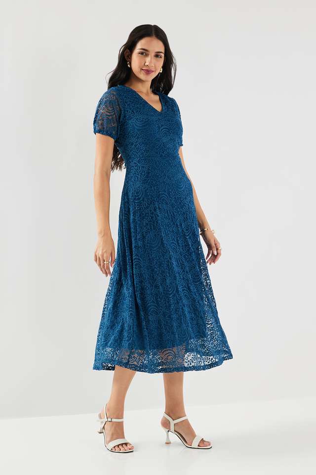 Solid-Round-Neck-Blended-Fabric-Women-s-Calf-Length-Dress