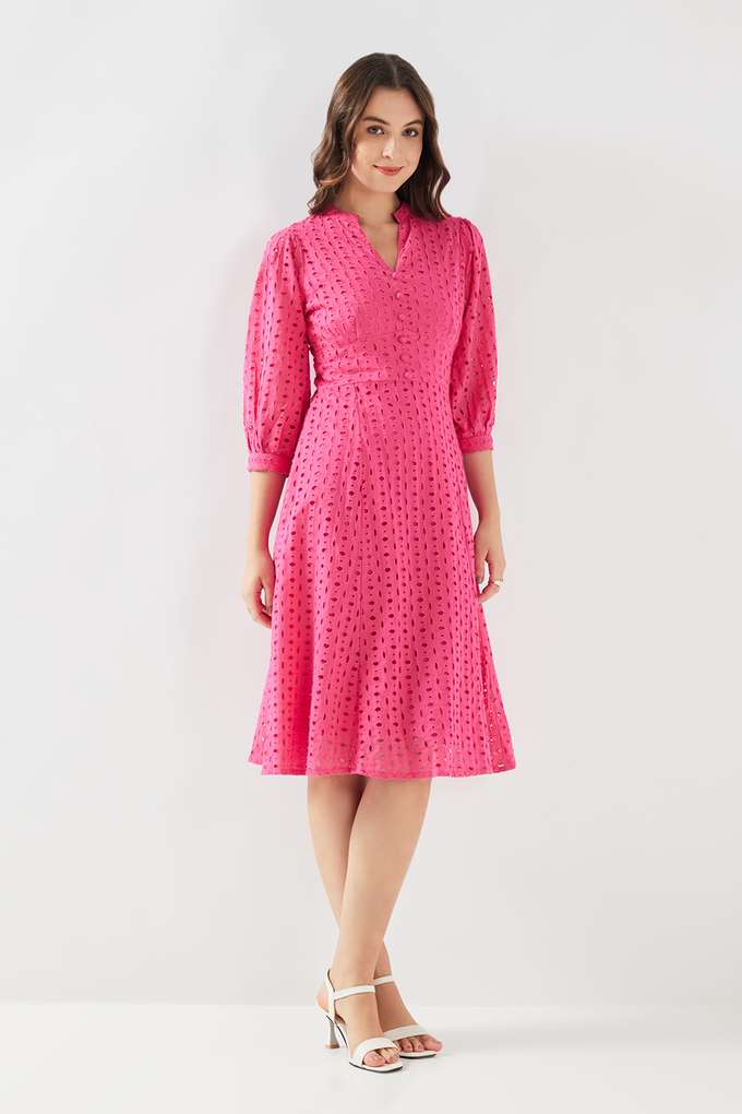 Schiffli-V-Neck-Chambray-Women-s-Calf-Length-Dress