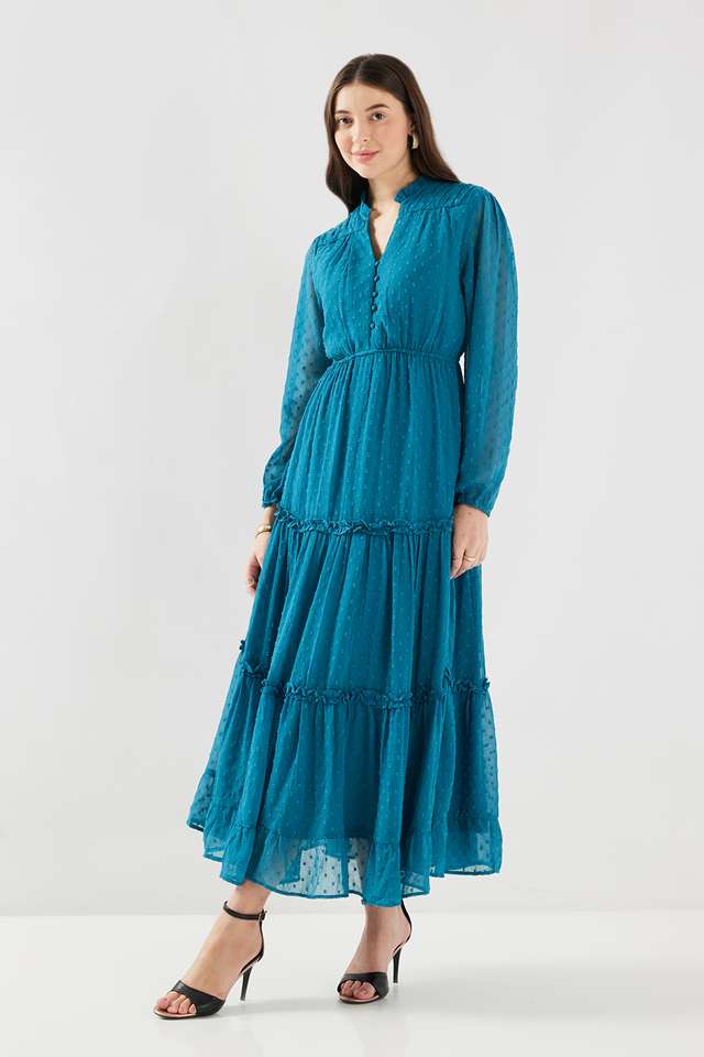 Dobby-Blended-Fabric-V-Neck-Women-s-Maxi-Dress