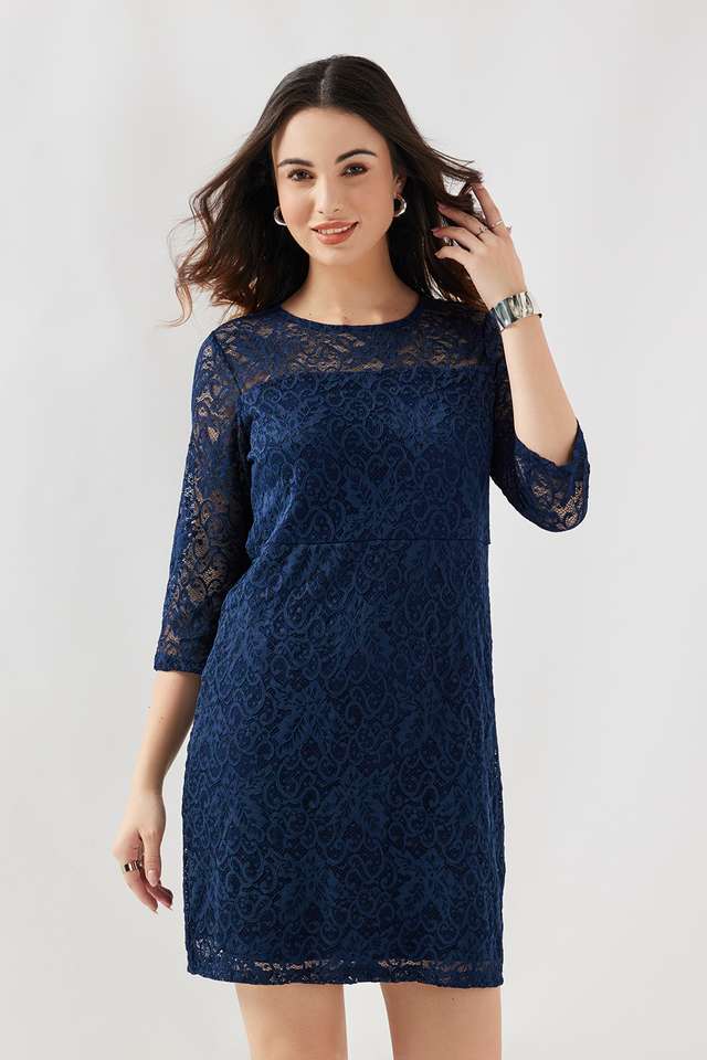 Solid-Round-Neck-Blended-Fabric-Women-s-Knee-Length-Dress