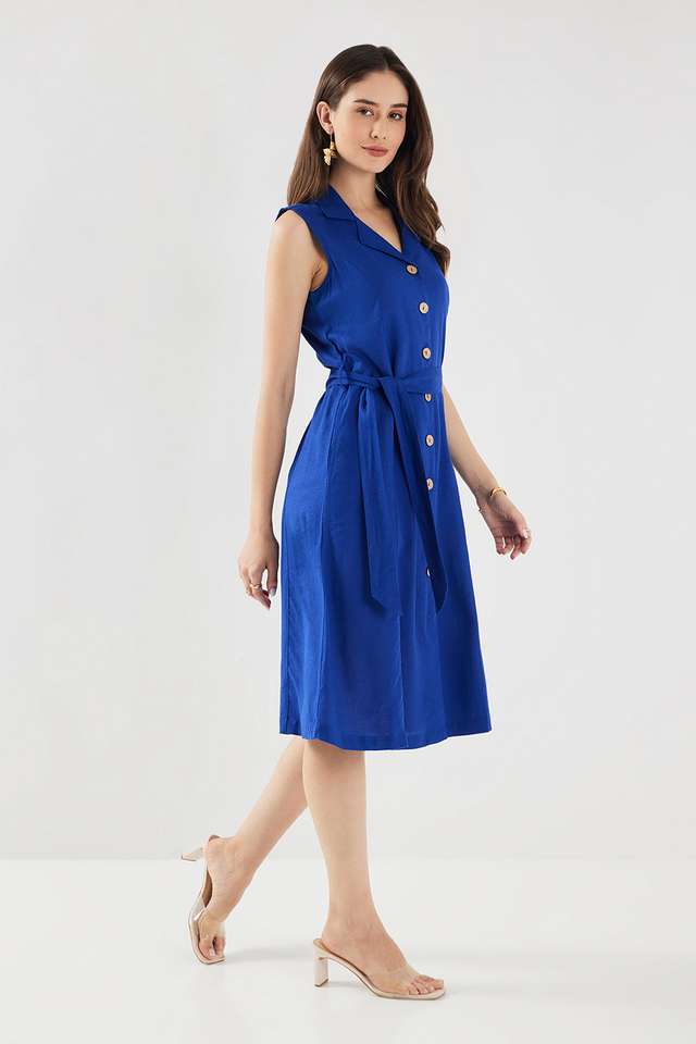 Solid-Collared-Blended-Fabric-Women-s-Calf-Length-Dress