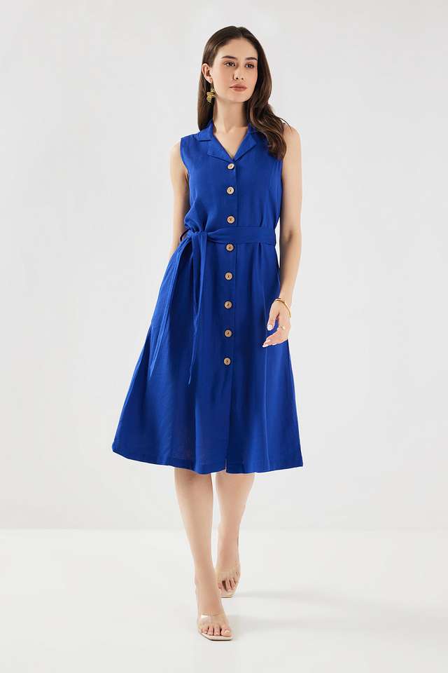 Solid-Collared-Blended-Fabric-Women-s-Calf-Length-Dress