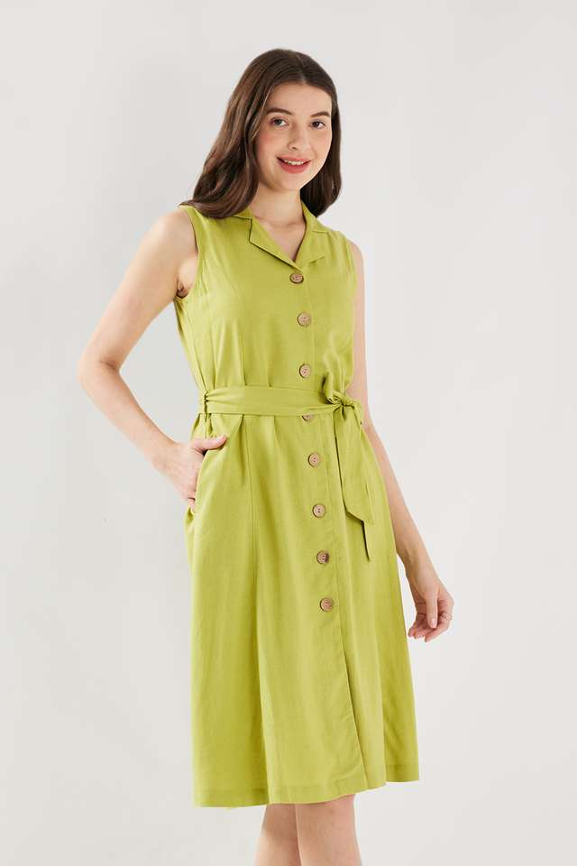 Solid-Collared-Blended-Fabric-Women-s-Calf-Length-Dress