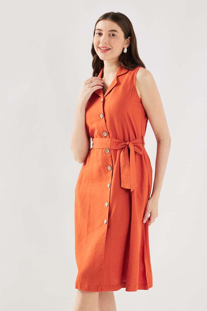 Solid-Collared-Blended-Fabric-Women-s-Calf-Length-Dress