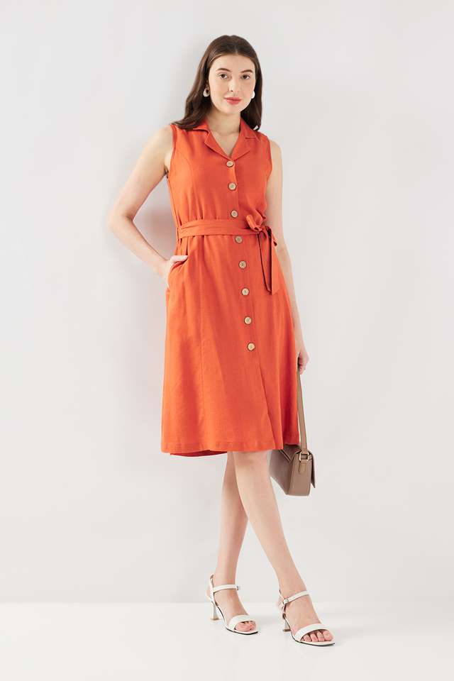 Solid-Collared-Blended-Fabric-Women-s-Calf-Length-Dress