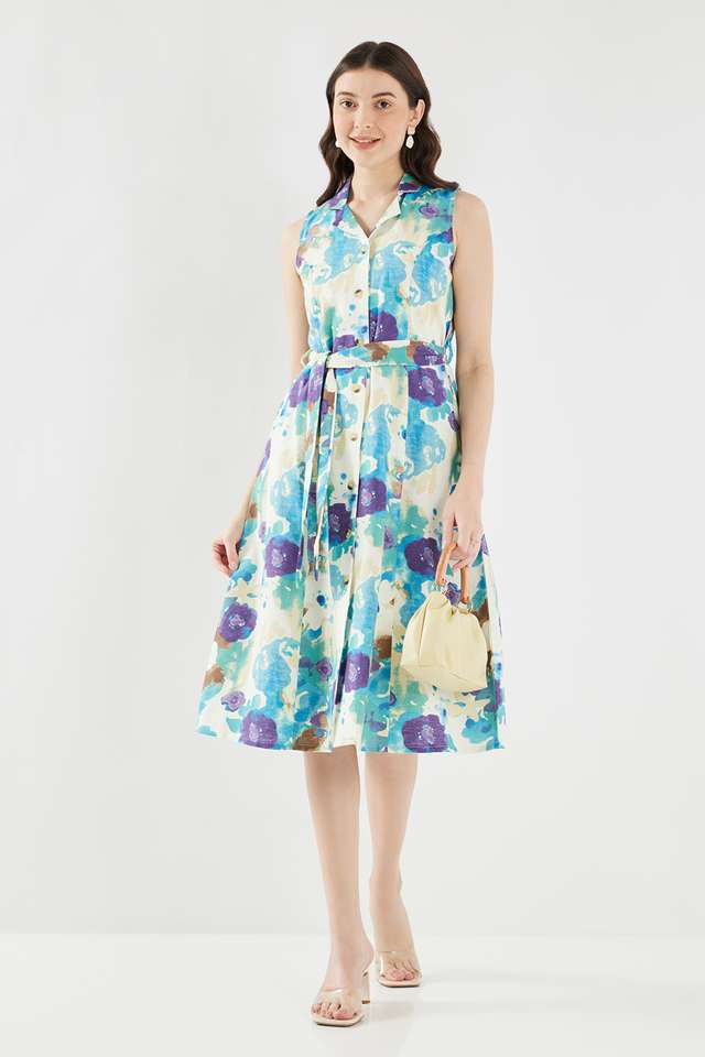 fratini Floral Collared Cotton Blend Women's Calf Length Dress-picture-12