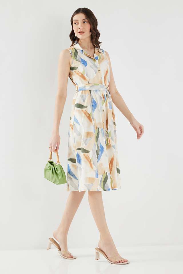 Floral-Collared-Cotton-Blend-Women-s-Calf-Length-Dress