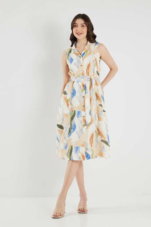 Floral-Collared-Cotton-Blend-Women-s-Calf-Length-Dress