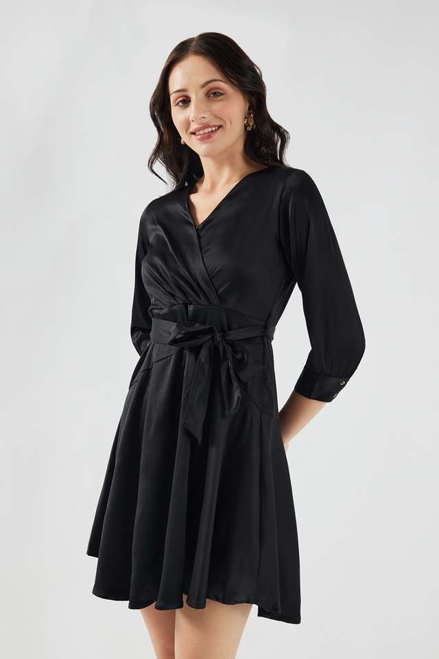 Solid-V-Neck-Satin-Women-s-Knee-Length-Dress