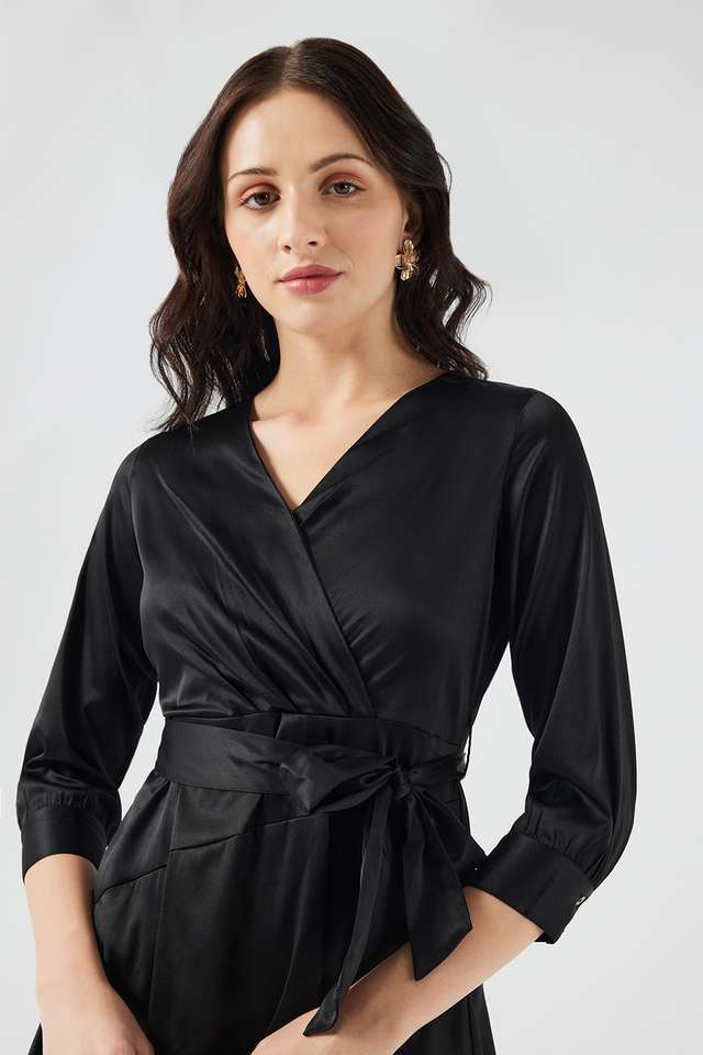 Solid-V-Neck-Satin-Women-s-Knee-Length-Dress