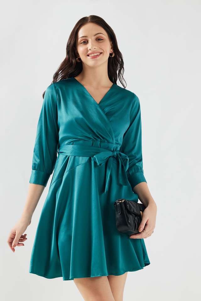 Solid-V-Neck-Satin-Women-s-Knee-Length-Dress