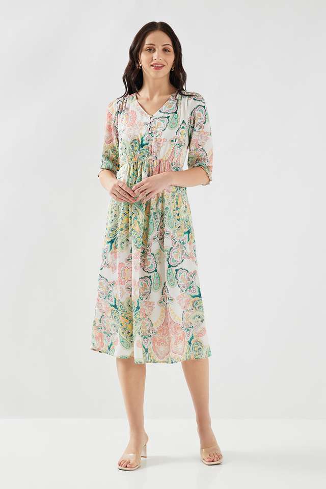 Printed-Satin-V-Neck-Women-s-Midi-Dress