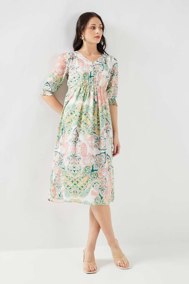 Printed-Satin-V-Neck-Women-s-Midi-Dress