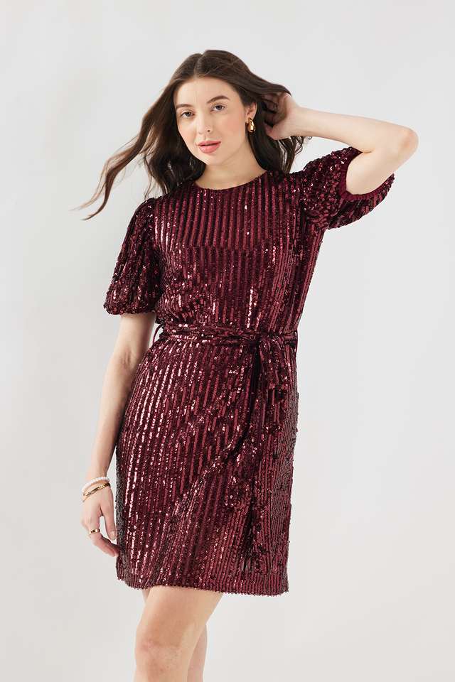 Solid-Round-Neck-Blended-Fabric-Women-s-Knee-Length-Dress