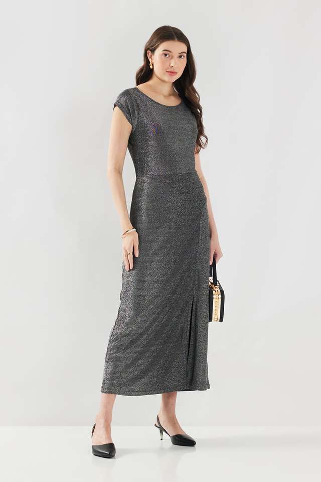 Solid-Round-Neck-Blended-Fabric-Women-s-Full-Length-Dress
