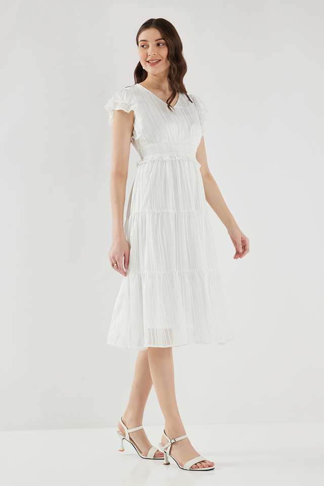 Dobby-V-Neck-Georgette-Women-s-Calf-Length-Dress