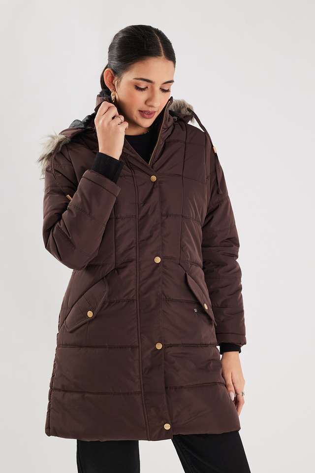 Buy FRATINI Brown Solid Blended Fabric Regular Fit Women's Jacket