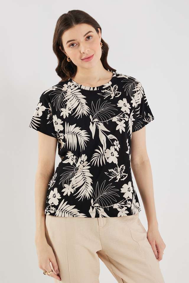 Printed-Blended-Fabric-Round-Neck-Women-s-Top