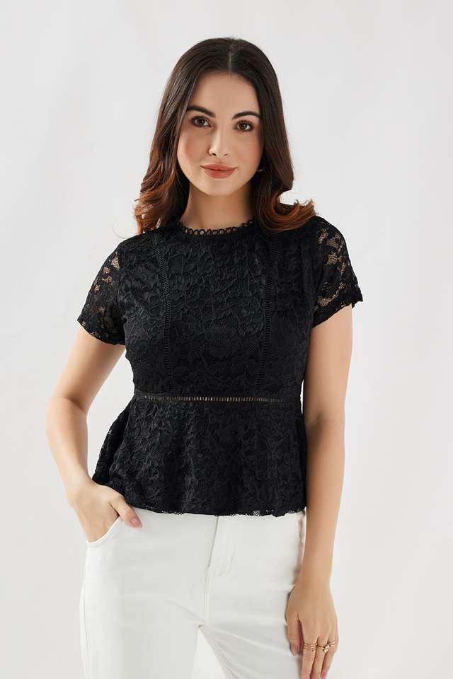 Solid-Blended-Fabric-Round-Neck-Women-s-Top