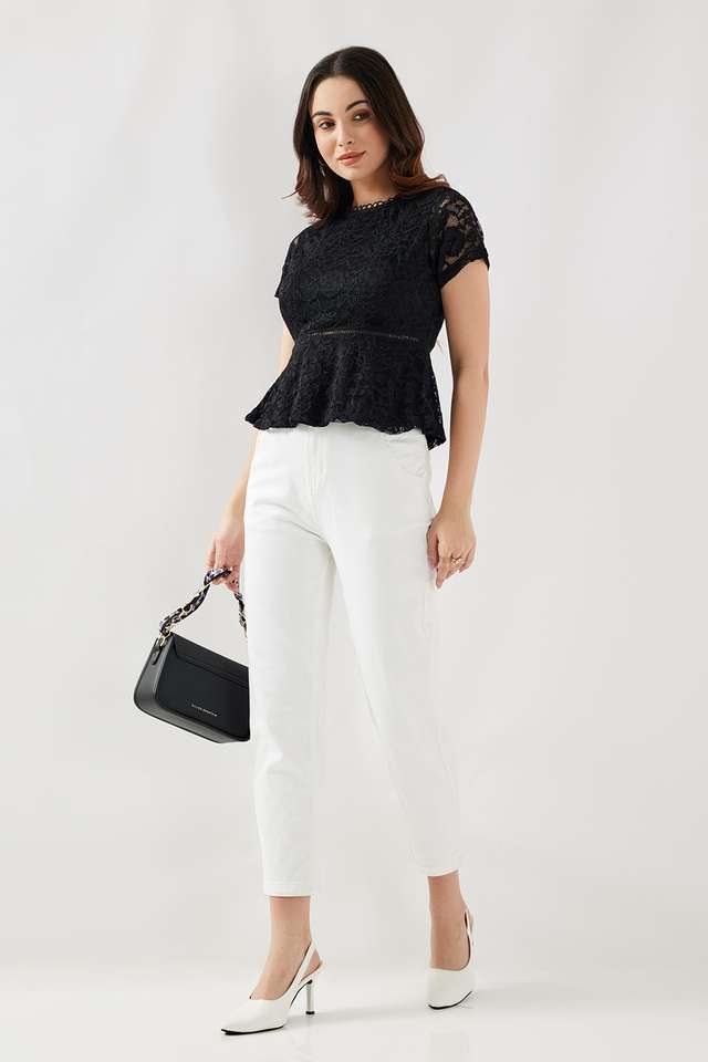 Solid-Blended-Fabric-Round-Neck-Women-s-Top