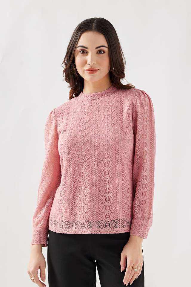 Solid-Blended-Fabric-High-Neck-Women-s-Top