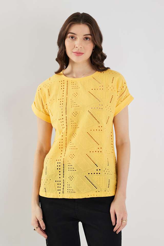 Schiffli-Chambray-Round-Neck-Women-s-Top