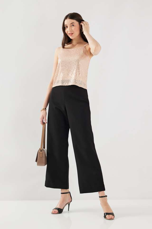 Solid-Polyester-Round-Neck-Women-s-Top