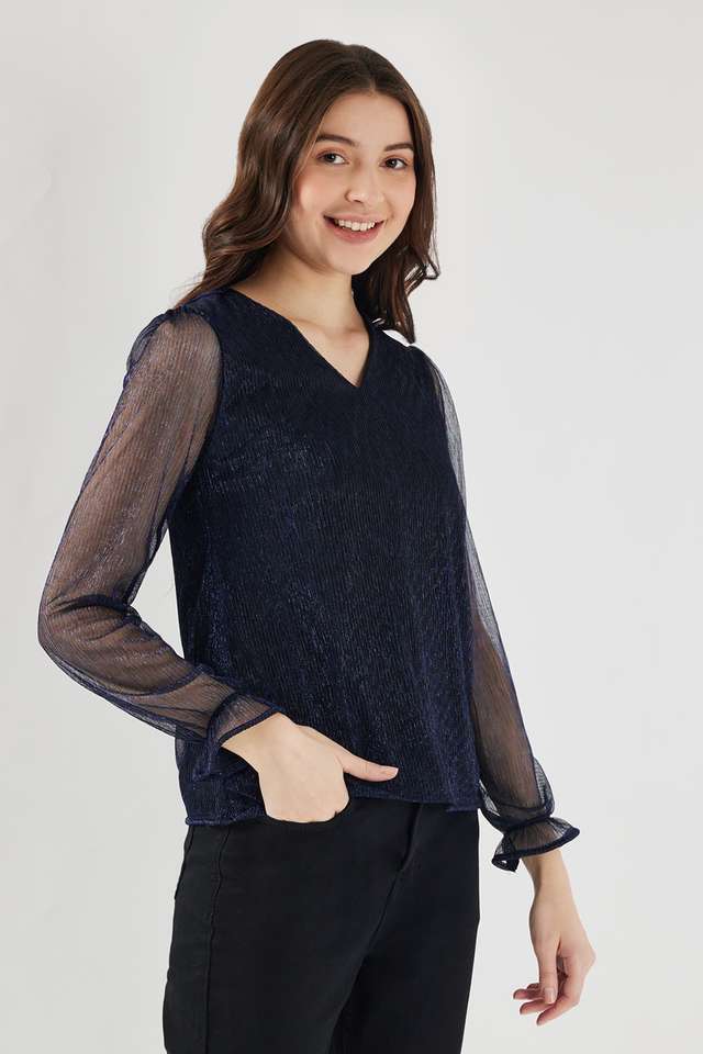 Solid-Polyester-V-Neck-Women-s-Top