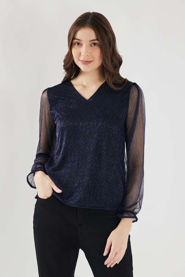 Solid-Polyester-V-Neck-Women-s-Top