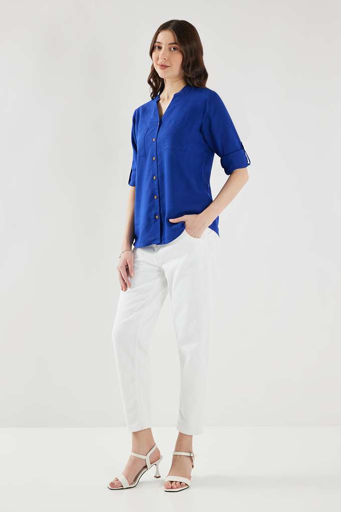 Solid-Collared-Blended-Fabric-Women-s-Casual-Wear-Shirt