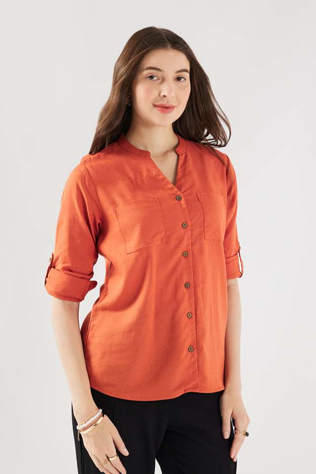 Solid-Collared-Blended-Fabric-Women-s-Casual-Wear-Shirt