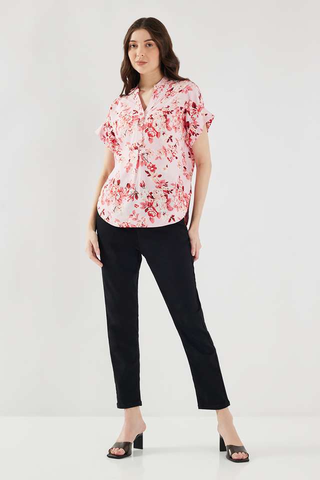 Floral-Viscose-V-Neck-Women-s-Top