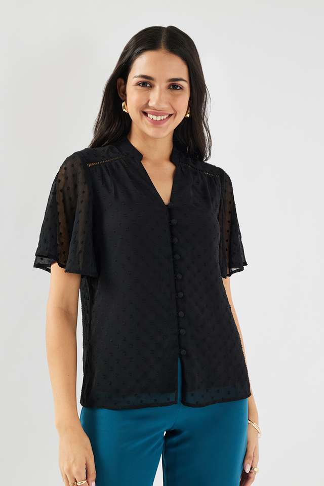 Dobby-Blended-Fabric-V-Neck-Women-s-Top