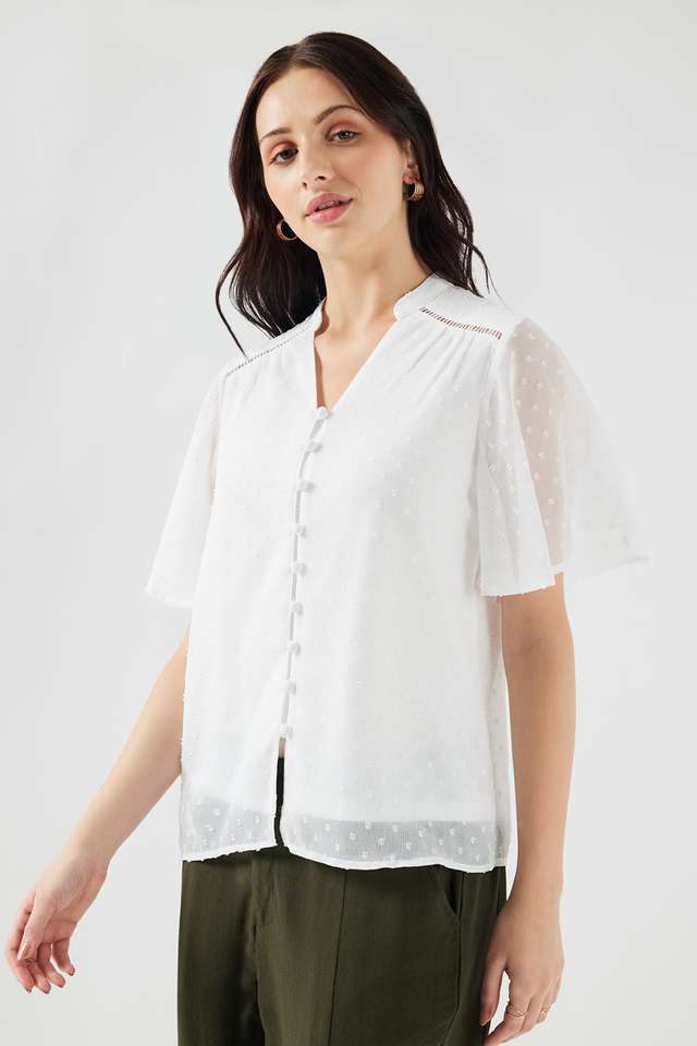 Dobby Blended Fabric V-Neck Women Top-image-2