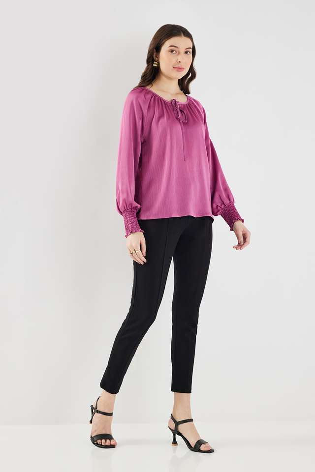 Solid-Chiffon-Round-Neck-Women-s-Top
