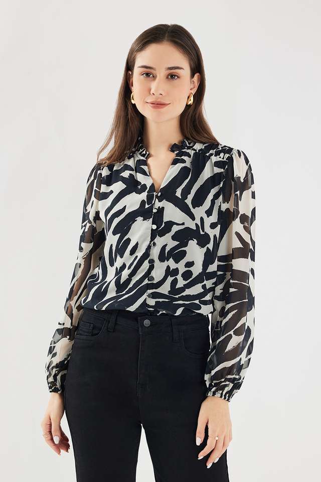 Animal-Print-Georgette-Collared-Women-s-Top