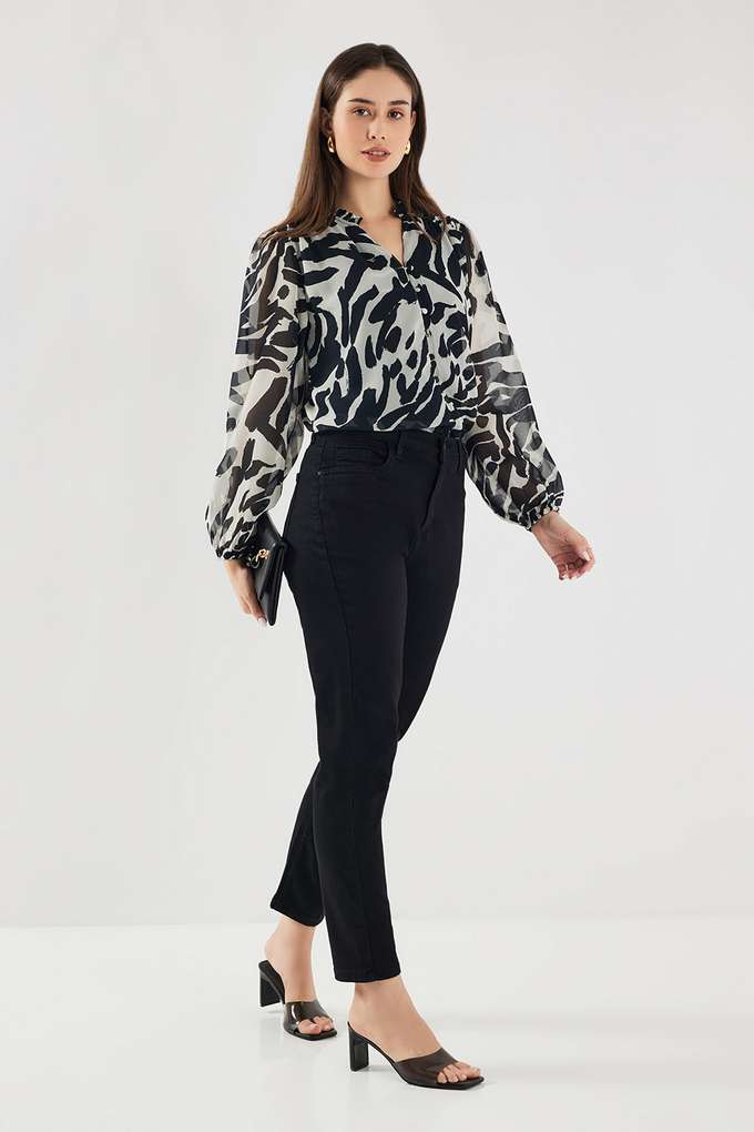 Animal-Print-Georgette-Collared-Women-s-Top