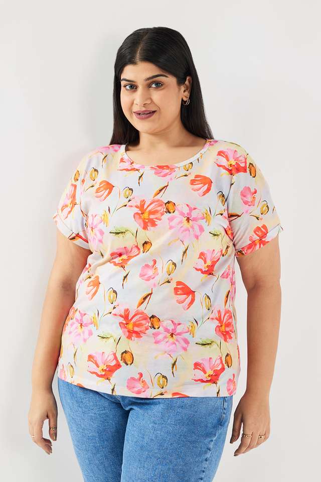 Floral-Blended-Fabric-Round-Neck-Women-s-Top