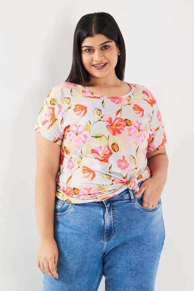 Floral-Blended-Fabric-Round-Neck-Women-s-Top